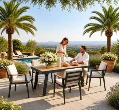 Table à manger EMOTI teck & aluminium – Mobilier extérieur haut de gamme Côte d’Azur | Azur Lounge Antibes