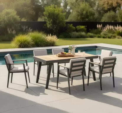 Ensemble repas EMOTI HIGOLD – 6 fauteuils aluminium gris anthracite | Élégance & confort extérieur en Provence-Alpes-Côte d’Azur