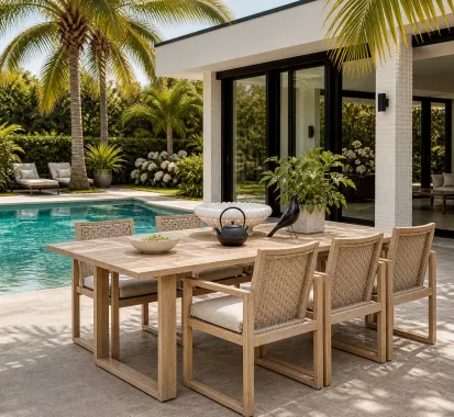 Ensemble table & 6 fauteuil Teck ANTIGUA Apple Bee – Élégance et design outdoor d’exception | Côte d’Azur French Riviera