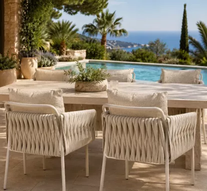 Chaise Repas Design FIAVÈ Aluminium Beige & Corde – Haut de Gamme Extérieur | Provence-Alpes-Côte d’Azur & Monaco