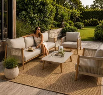 Ensemble salon de jardin aluminium imitation bois