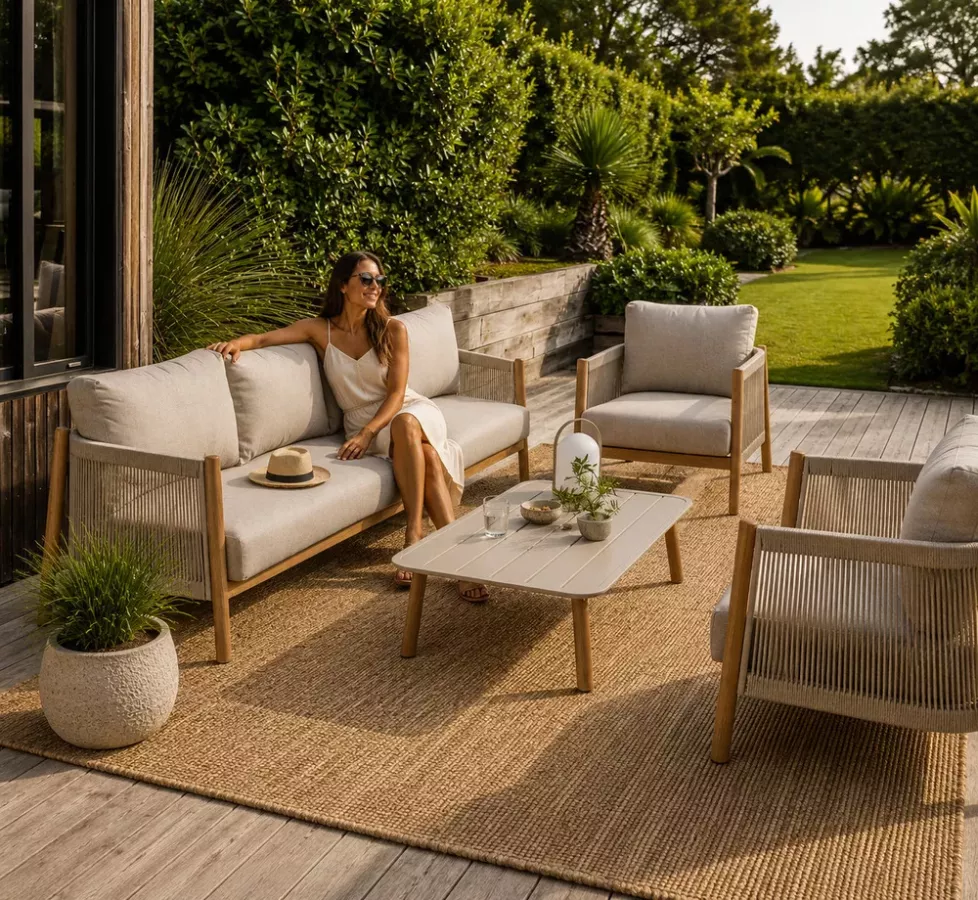 Ensemble salon de jardin aluminium imitation bois