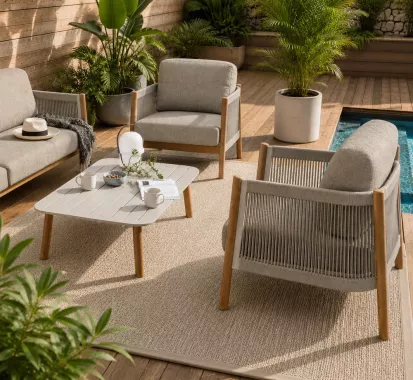 SALON DE JARDIN 5 PLACES ALU & CORDES EFFET CHENE - OREZZO