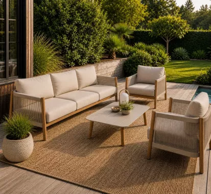 SALON DE JARDIN 5 PLACES ALU & CORDES EFFET CHENE - OREZZO