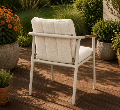 Fauteuil Repas LORIANA Aluminium & Teck Beige Bouclé | Azur Lounge Provence-Alpes-Côte d’Azur