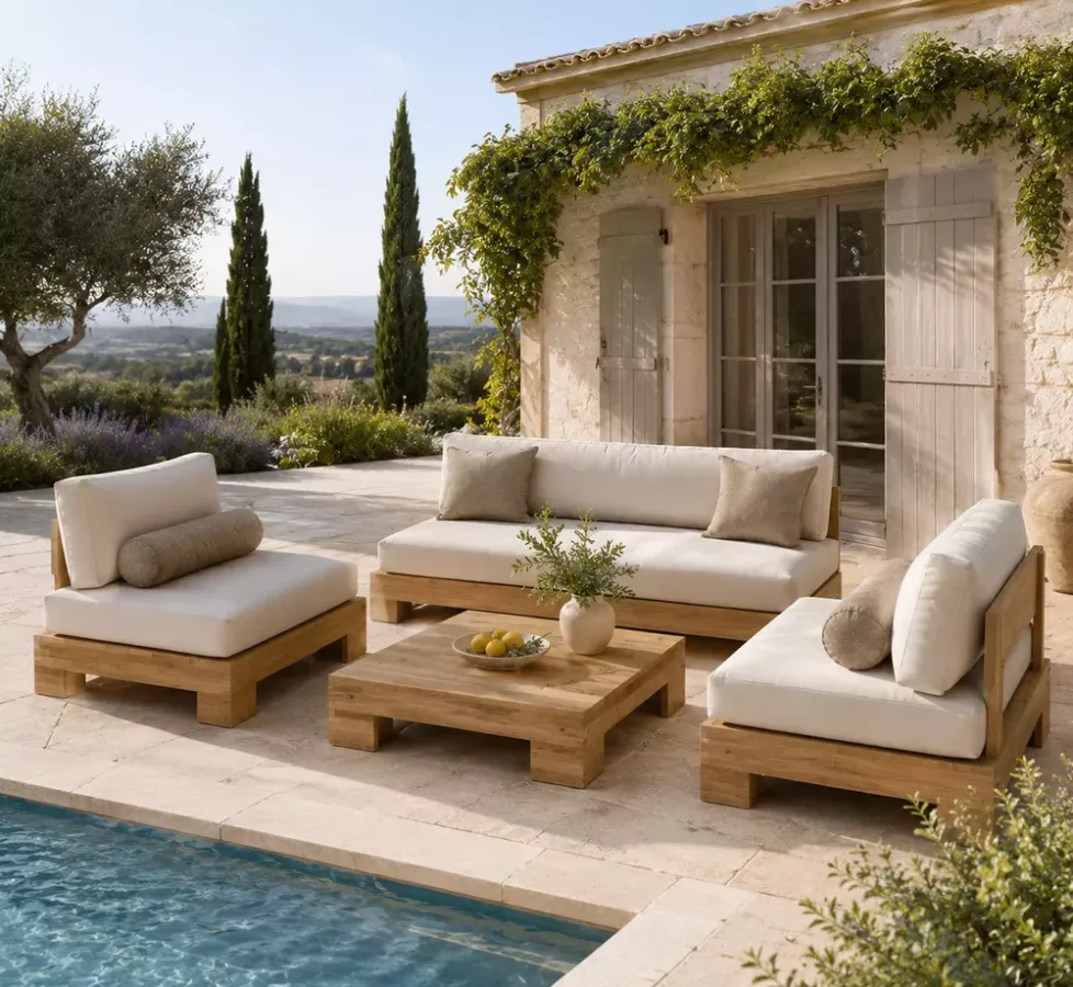 salon de jardin banquette 2 fauteuils et pouf
