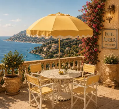 Parasol Umbrella luxe Ø 200 avec base blanc contour bleu marine – Riviera Club Côte d’Azur | Azur Lounge