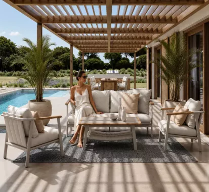 Ensemble Salon de Jardin LEOVIA 4 Places Design Italien & Touches de Teck | Mobilier Extérieur Haut de Gamme Côte d’Azur