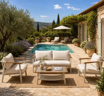 Ensemble Salon de Jardin LEOVIA 4 Places Design Italien & Touches de Teck | Mobilier Extérieur Haut de Gamme Côte d’Azur
