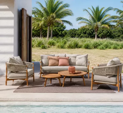 Salon de Jardin Bois GARISTA 5 Places en Teck & Tissu Oléfine | Design Italien Premium – stock disponible Azur Lounge Antibes