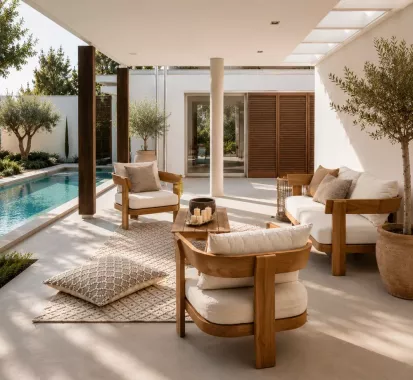 ensemble salon de jardin 4-5 places canape 2 fauteuil et table basse en teck EVOZA