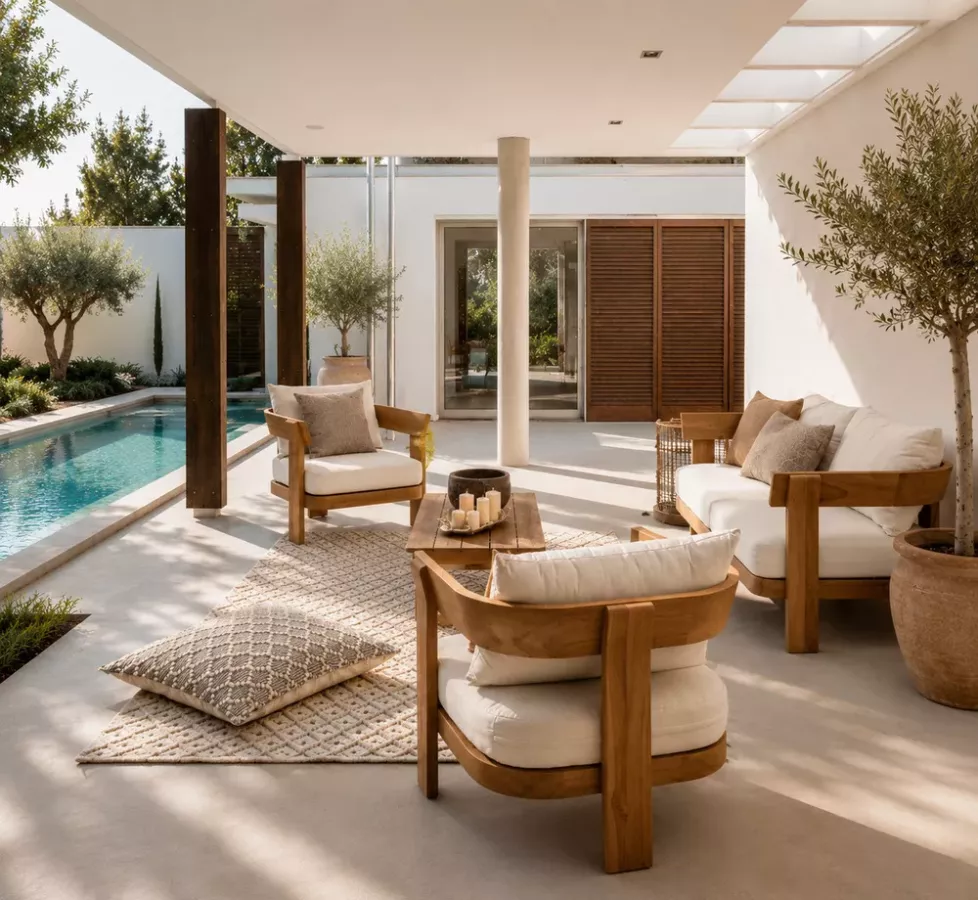 ensemble salon de jardin 4-5 places canape 2 fauteuil et table basse en teck EVOZA