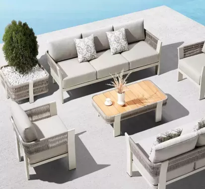 Salon BORROMEO 7 Places – Design Claudio Bellini, mobilier extérieur haut de gamme aluminium et corde | Azur Lounge Antibes