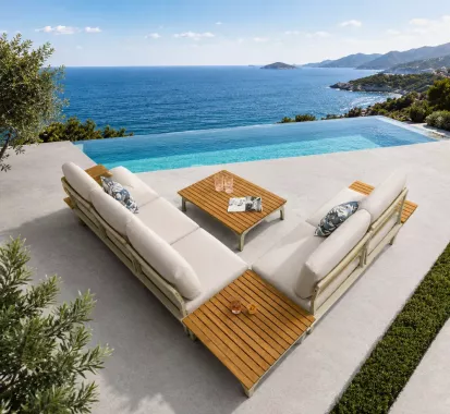 SALON ANGLE 5 PLACES BLANC GRIS ALUMINUM TECK ACAPULCO - Cote d'Azur