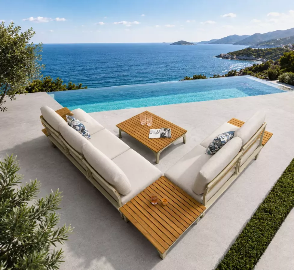 SALON ANGLE 5 PLACES BLANC GRIS ALUMINUM TECK ACAPULCO - Cote d'Azur