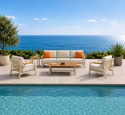 Salon de jardin canapé 3 places, 2 fauteuils avec table basse couleur taupe Valencia Azur Lounge Antibes