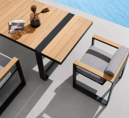 TABLE & 6 FAUTEUILS ALUMINIUM DESIGN GRIS NOIR - CAMBUSA CLAUDIO BELLINI