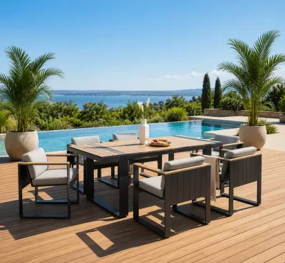 TABLE & 6 FAUTEUILS ALUMINIUM DESIGN GRIS NOIR - CAMBUSA CLAUDIO BELLINI