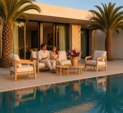 ensemble salon de jardin teck avec tissu ecru oléfin imperméable