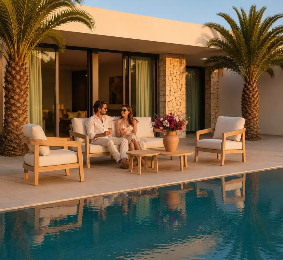 ensemble salon de jardin teck avec tissu ecru oléfin imperméable