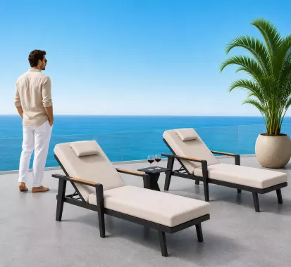Ensemble 2 bains de soleil et table d'appoint aluminium noir coussin taupe Emoti