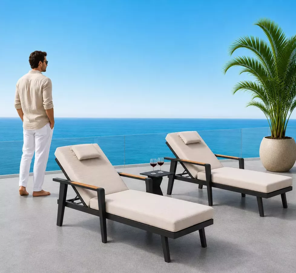 Ensemble 2 bains de soleil et table d'appoint aluminium noir coussin taupe Emoti