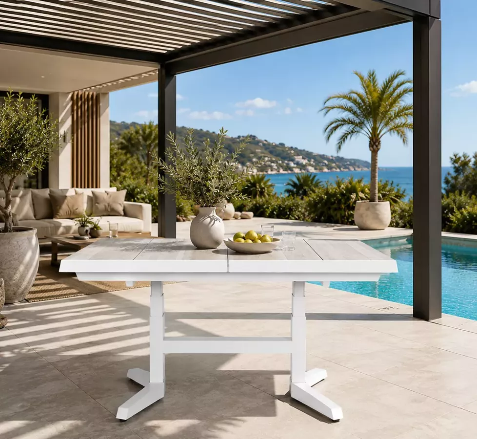 Table Extensible et Rehaussable ROBERTA – Aluminium Blanc & Céramique | Côte d'Azur & Monaco