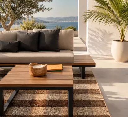 Salon de Jardin d'Angle Noir Anthracite Coussins Taupe BELLAGIO 5 Places avec Table Basse | Azur Lounge Côte d'Azur