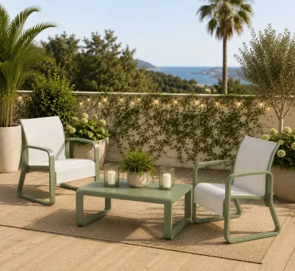 ENSEMBLE SALON DE JARDIN 2 FAUTEUILS ET TABLE BASSE  ALUMINIUM TOILE MATELESSE - KENZA PROVENCE Alpes Côte d'Azur