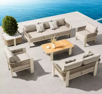 Salon d'Angle BORROMEO  6 à 7 Places – Design Claudio Bellini,  aluminium et corde | Azur Lounge Antibes, Cannes et Monaco