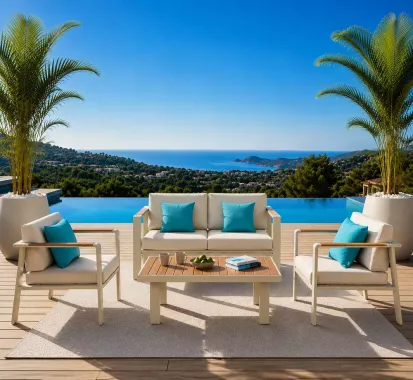 Salon de jardin NOFI aluminium, tissu oléfin avec touche de teck design - exclusivement chez Azur Lounge Antibes French Riviera