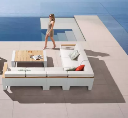 Salon d’Angle Design Italien 5-6 Places – Cambusa Aluminium & Teck | Azur Lounge