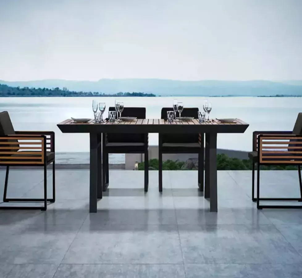 Ensemble Table à manger et 6 chaises aluminium noir teck NEW YORK – Design Outdoor Élégant