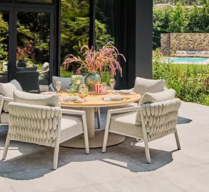 GRANDE TABLE RONDE ELEGANTE TECK / ALU - GRADO SUNS OUTDOOR