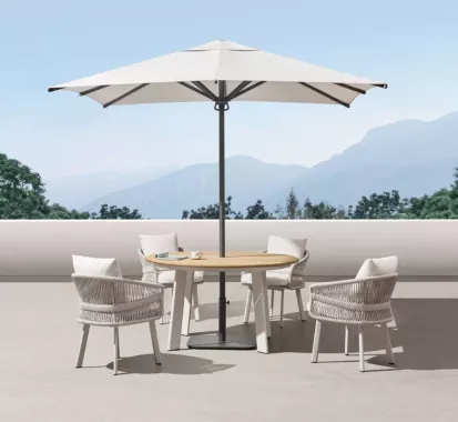 NSEMBLE TABLE RONDE TECK / ALU & 4 FAUTEUILS DESIGN AIO - CLAUDIO BELLINI