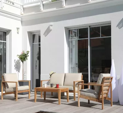 ENSEMBLE SALON DE JARDIN BEIGE TECK MASSIF - DIVANA MEDICIS FRANCE