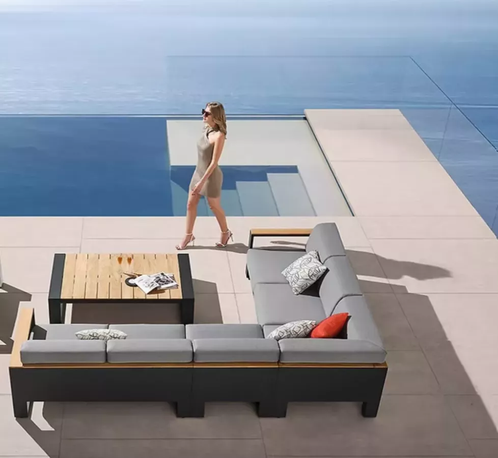Ensemble Salon d’Angle Luxe CAMBUSA Gris Anthracite 5-6 Places Teck Grade A | Azur Lounge Nice Cannes Monaco Saint-Tropez