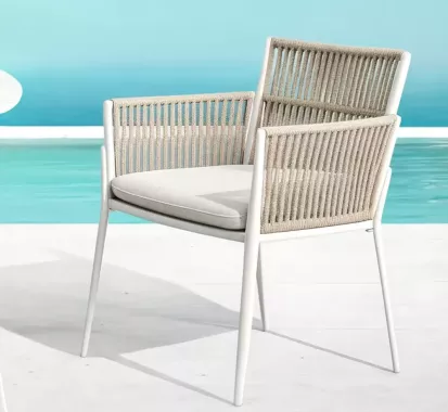 Ensemble espace repas table céramique et 4 fauteuils aluminium cordes - Azur Lounge Antibes Cannes Nice Monaco