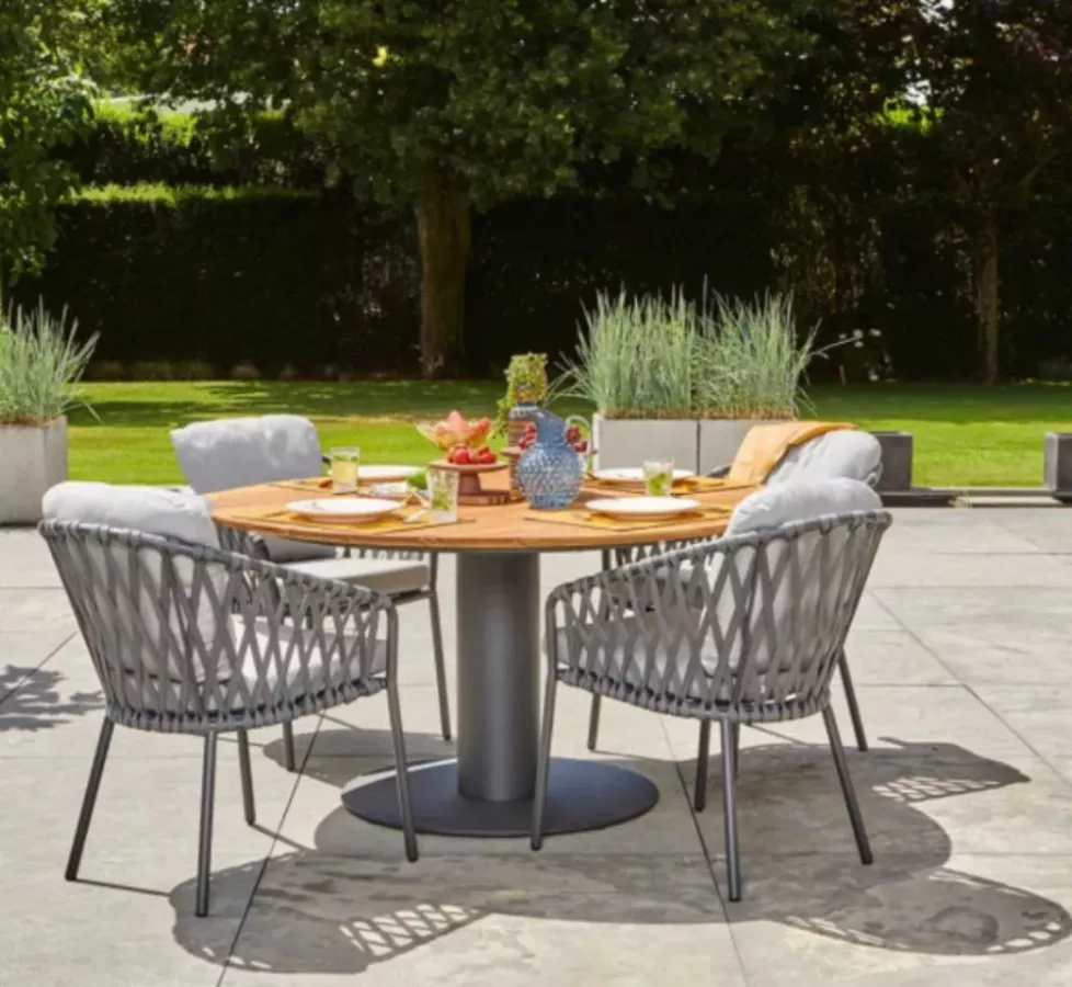 Table ronde 150 cm alu gris plateau teck