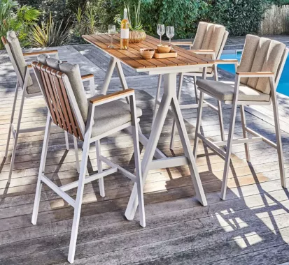 Table Haute + 4 Fauteuils ALTESSE Aluminium Teck Cuir – Mobilier Jardin Premium | Azur Lounge Nice Cannes Monaco