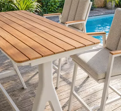 Table Haute + 4 Fauteuils ALTESSE Aluminium Teck Cuir – Mobilier Jardin Premium | Azur Lounge Nice Cannes Monaco