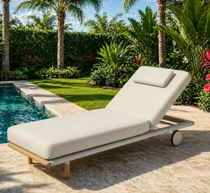 Bain de Soleil Aluminium EVIA Premium avec Roulettes & Teck – Transat Haut de Gamme | Côte d’Azur Nice Cannes Monaco
